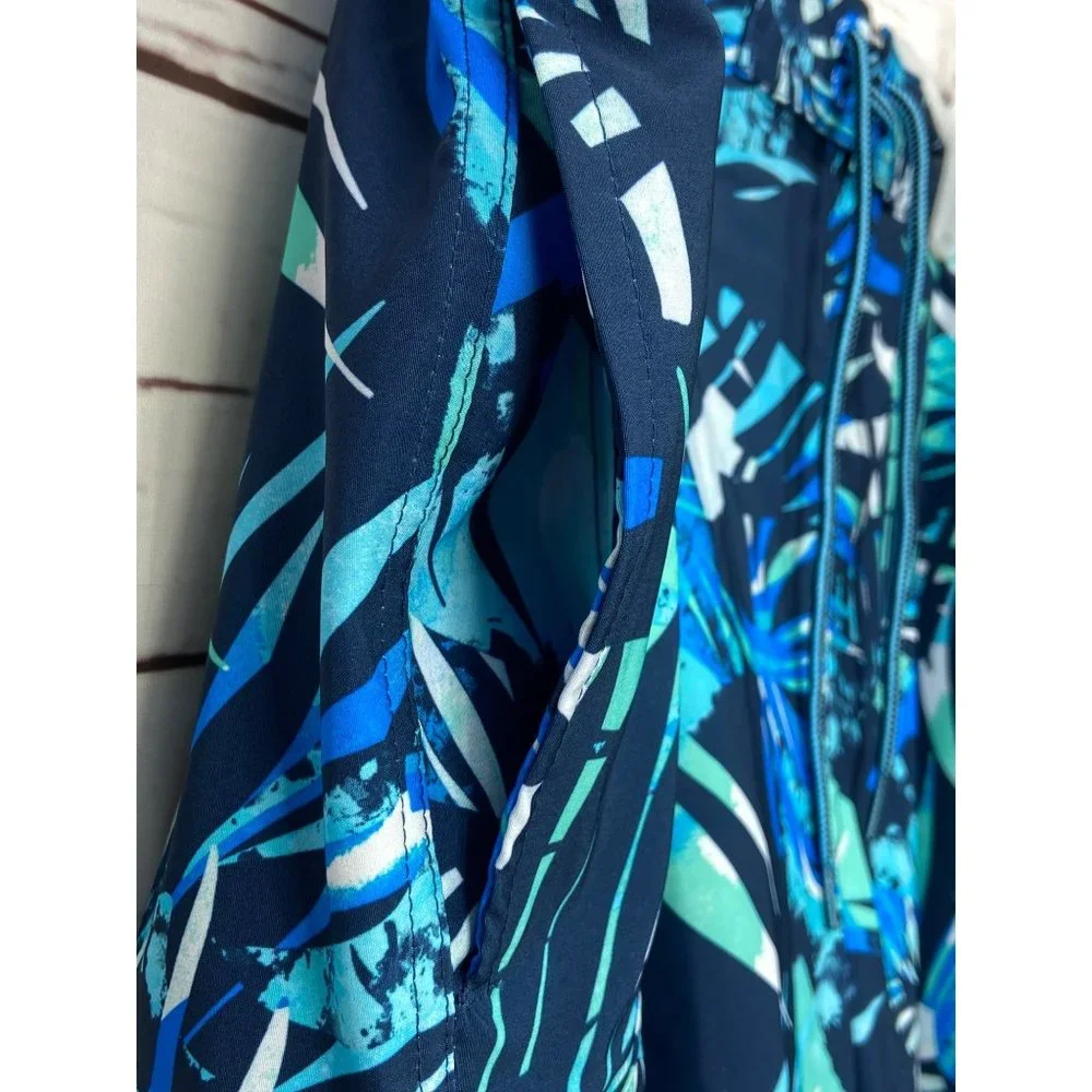 George Mens Swim Quick Dry SPF 50 At The Knees Trunks Blue Palm Leaves New Pocke
